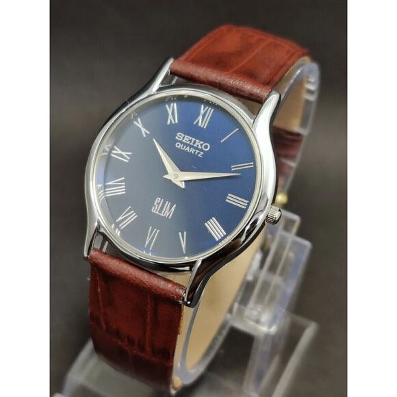 Seiko Other - Vintage Style Seiko Quartz Mens Silver Watch & Blue accents W/Leather Strap